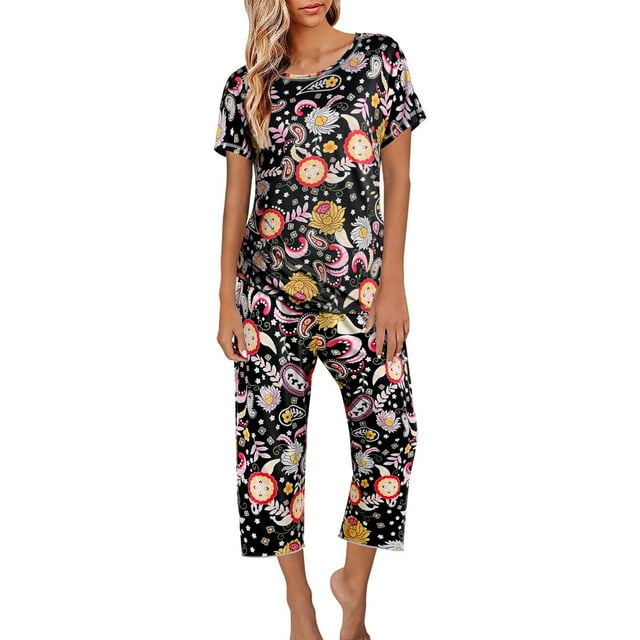 WTXUE Ensembles Lounge Ensembles de Pyjama Pyjamas pour Femmes Hauts Pantalons Capri Imprimé avec Poches Ensemble de Pyjama 2 Pcs Orange P