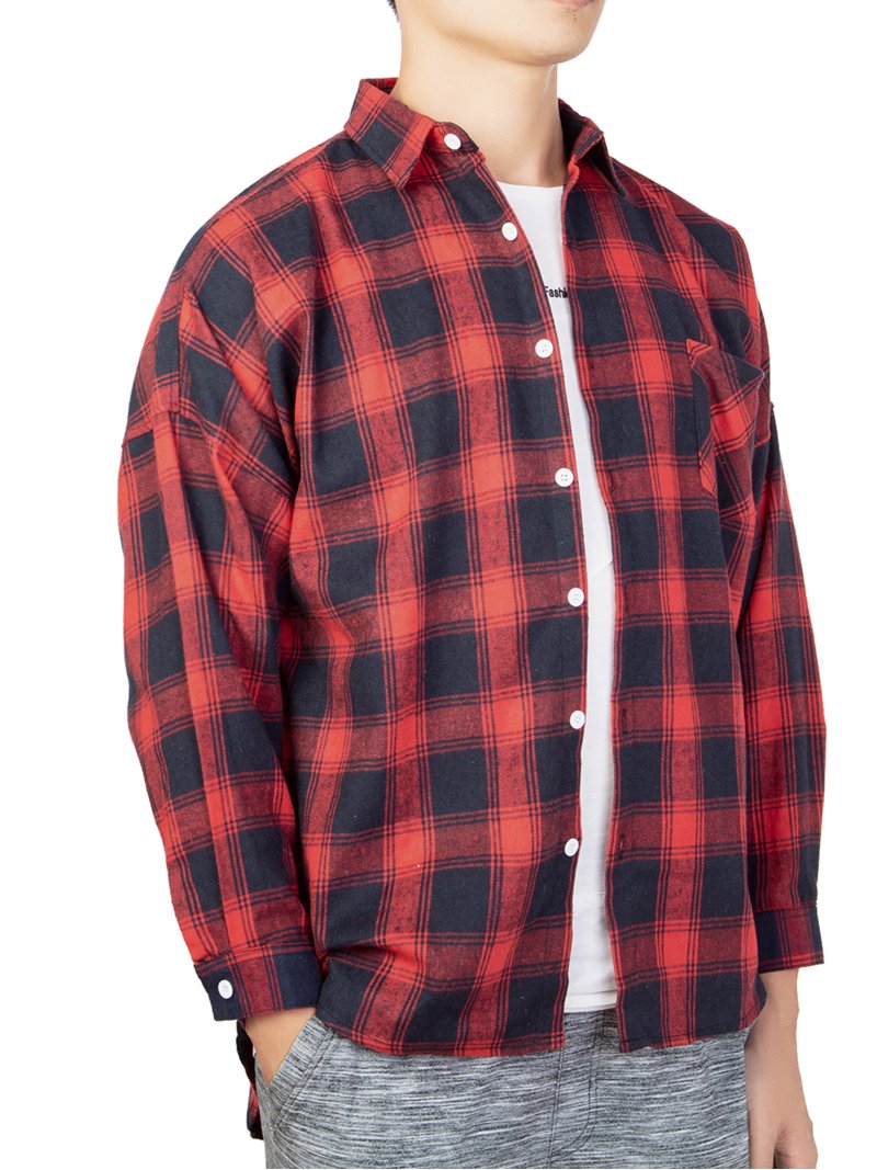 Mens Plaid Button Up Shirt Slim-Fit Long-Sleeve Linen Cotton