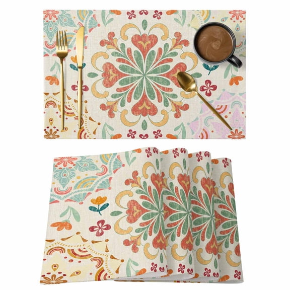 Beige Boho Placemats Set of 8, Retro Ethnic Shabby Colorful Floral Patterned Placemats for Dining Table, Place Mats for Kitchen Tabletop, Waterproof Wipeable Dining Table Mats Set