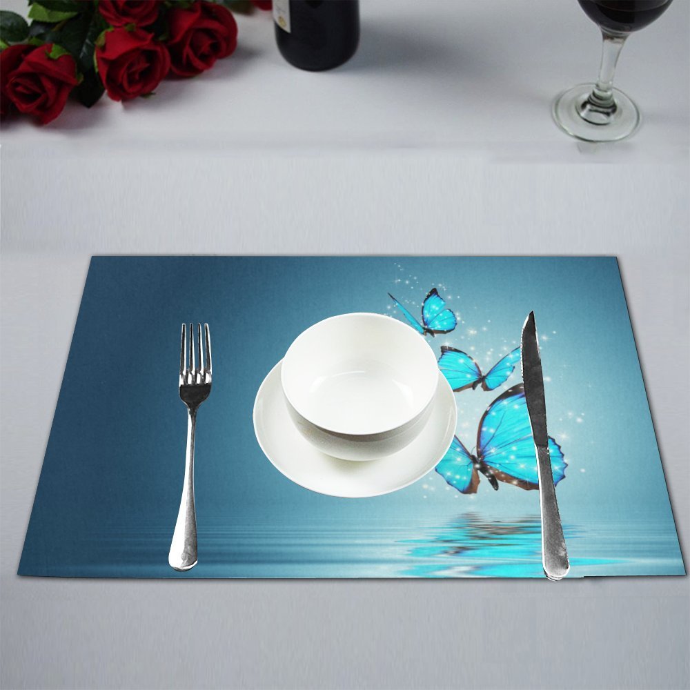 MYPOP Teal Blue Butterflies Table Placemat Food Mat 12x18 Inches Non
