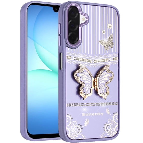 For Samsung Galaxy A17 5G Glitter Butterfly Case with 3D Stand Sparkle Hybrid Metallic Edges Protective Phone Cover Slim Fit [Black]