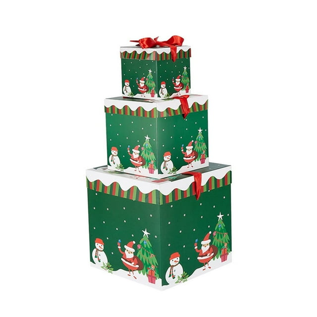 3Pcs Christmas Box Foldable Bright Color Christmas Style Snowman Patterns Bow Tie Merry Christmas Gift Box for Festival