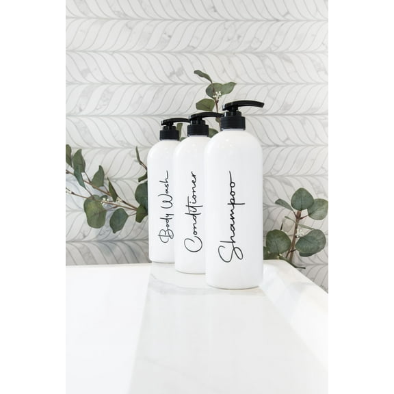 Alora 32oz Reusable Shampoo and Conditioner Bottles - Set of 3 - White - Easy to read Lettering - Pump Bottle Dispenser for Shampoo, Conditioner, Body Wash - Empty Plastic Refillable Containers