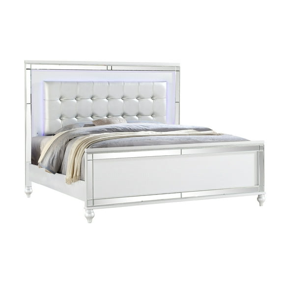 Sterling Queen Size Upholstered LED Bed made with wood in White Color