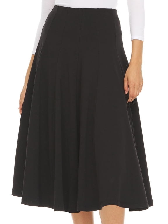 Panel Midi Skirt with Elastic Waist for Womens/Teens 32 Inch Length Black x Small