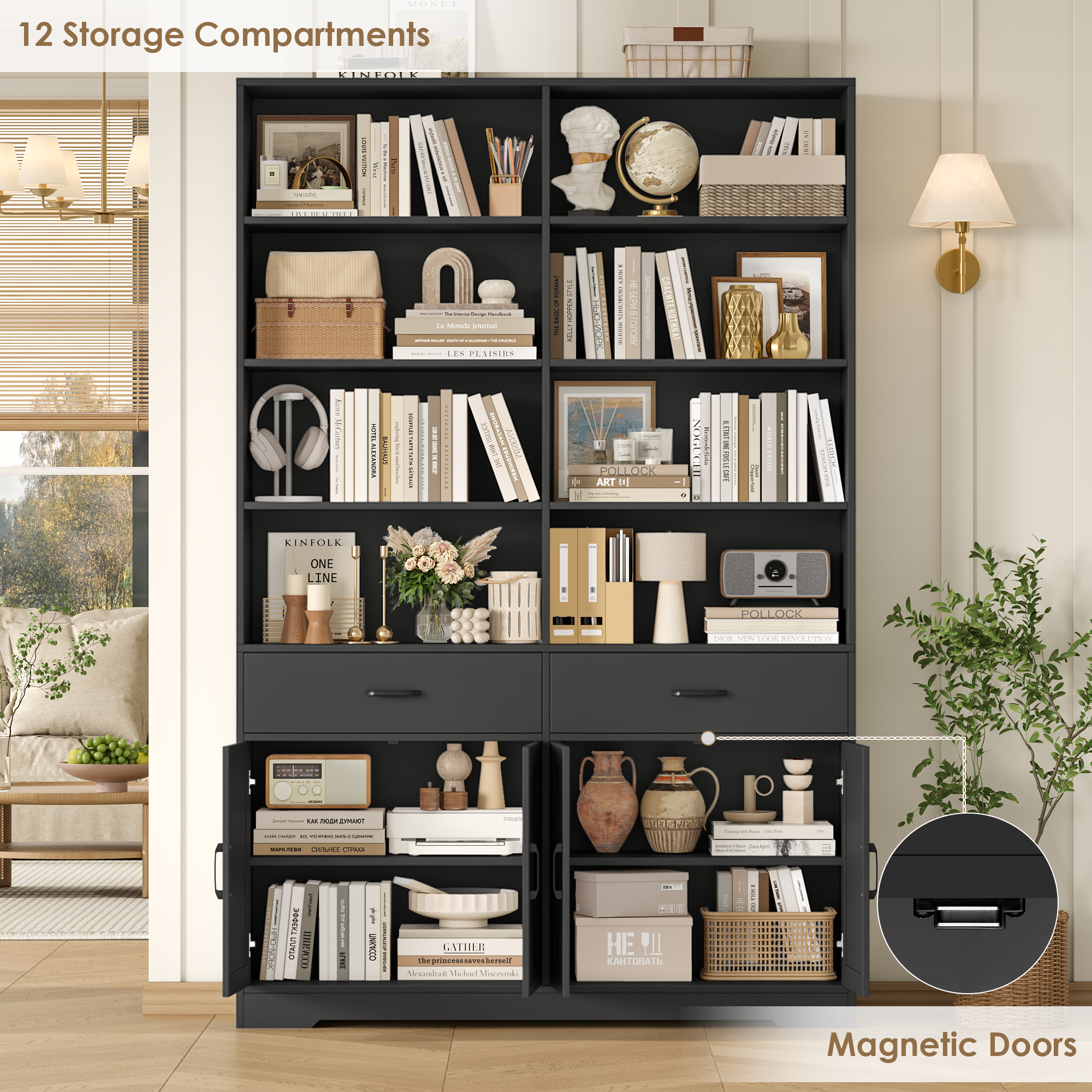 Hiphuta 78" Tall Double Row Bookcase with 2 Drawers, Farmhouse Large Bookshelf with Cabinet, Storage Bookcase with Doors for Office Living Room, Black