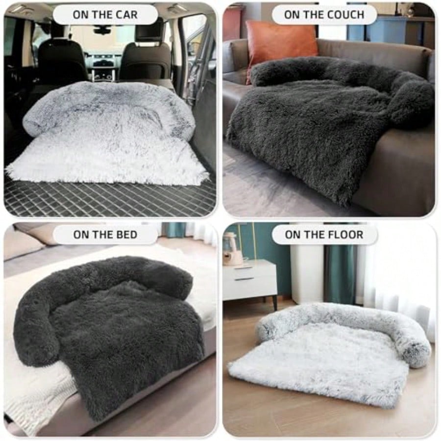 Calming Dog Bed Fluffy Plush Dog Mat for Furniture Protector with Removable Washable Cover for Large Medium Small Dogs and Cats Large Light Grey