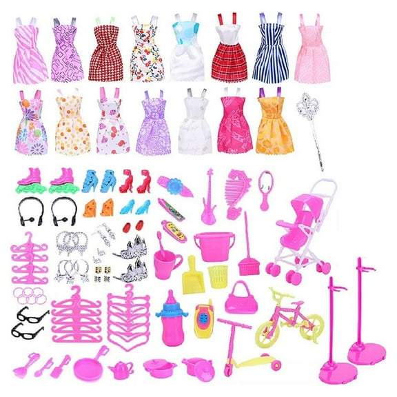 Total 114Pcs 16 Pack Clothes Party Gown Outfits Dolls 98Pcs Dolls Accessories Shoes Bags Necklace Mirror Hanger Tableware