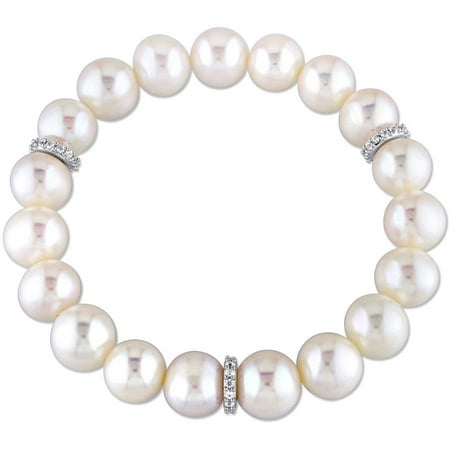 Miabella 9-9.5mm White Cultured Freshwater Pearl and 2/5 Carat T.G.W. Created White Sapphire Sterling Silver Rondelles Bracelet, 7