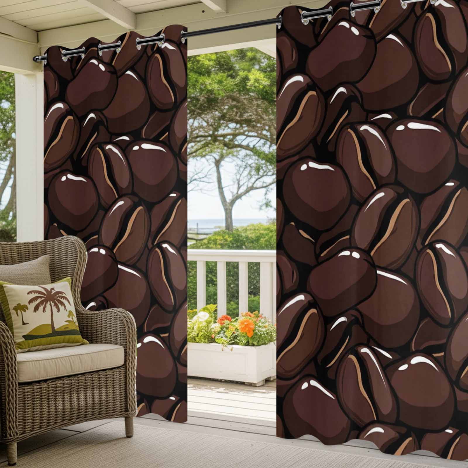 Coffee Beans Outdoor Curtains for Patio, Country Dark Brown Coffee Bean Pattern Sunshade Privacy Drapes Grommet Waterproof Outside Curtains for Porch/Cabana/Balcony 54"x 108", 1 Panel