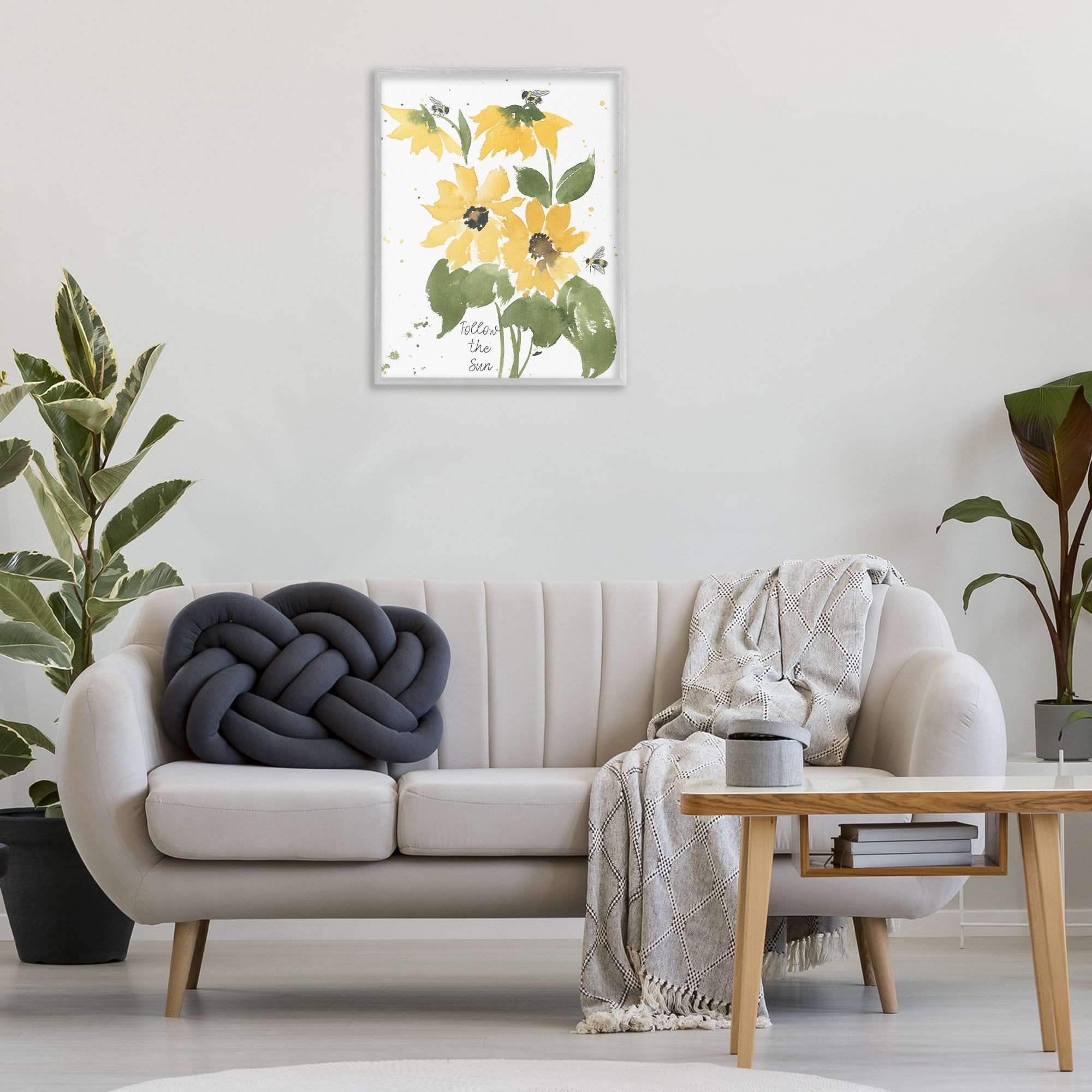 Stupell Industries Follow The Sun Phrase Botanical & Floral Painting Gray Framed Art Print Wall Art, 24 x 30