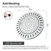 BRIGHT SHOWERS Rain Shower Head, 9 Inch High Pressure Waterfall Showerhead with Adjustable Angle and Anti-clogging Silicone Nozzles, Luxury Bathroom Overhead Rainfall Shower Head, Chrome