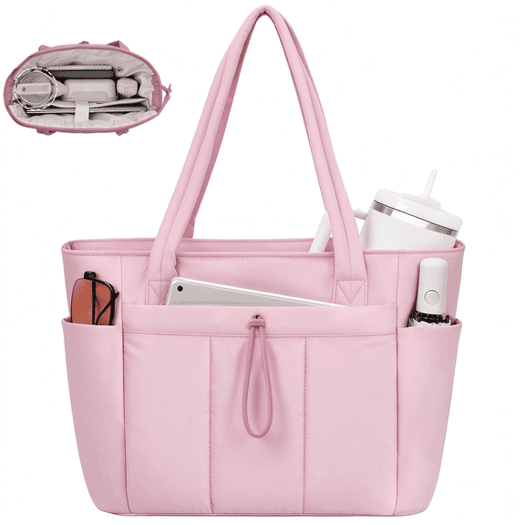 Narwey Large Puffer Work Tote Bag for Women, 20L Lightweight & Spacious Shoulder Handbag with Cup Holder, 15.6" Laptop Compartment & Trolley Sleeve for Travel, Nurse,Pink