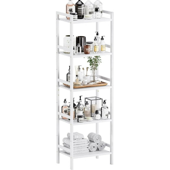 5 Tier Bamboo Shelf, Tall Narrow Bookcase, Freestanding Bathroom Storage Unit with Adjustable Shelves, Modern Display Standing Bookshelf for Living Room, Bedroom, Home Office, White