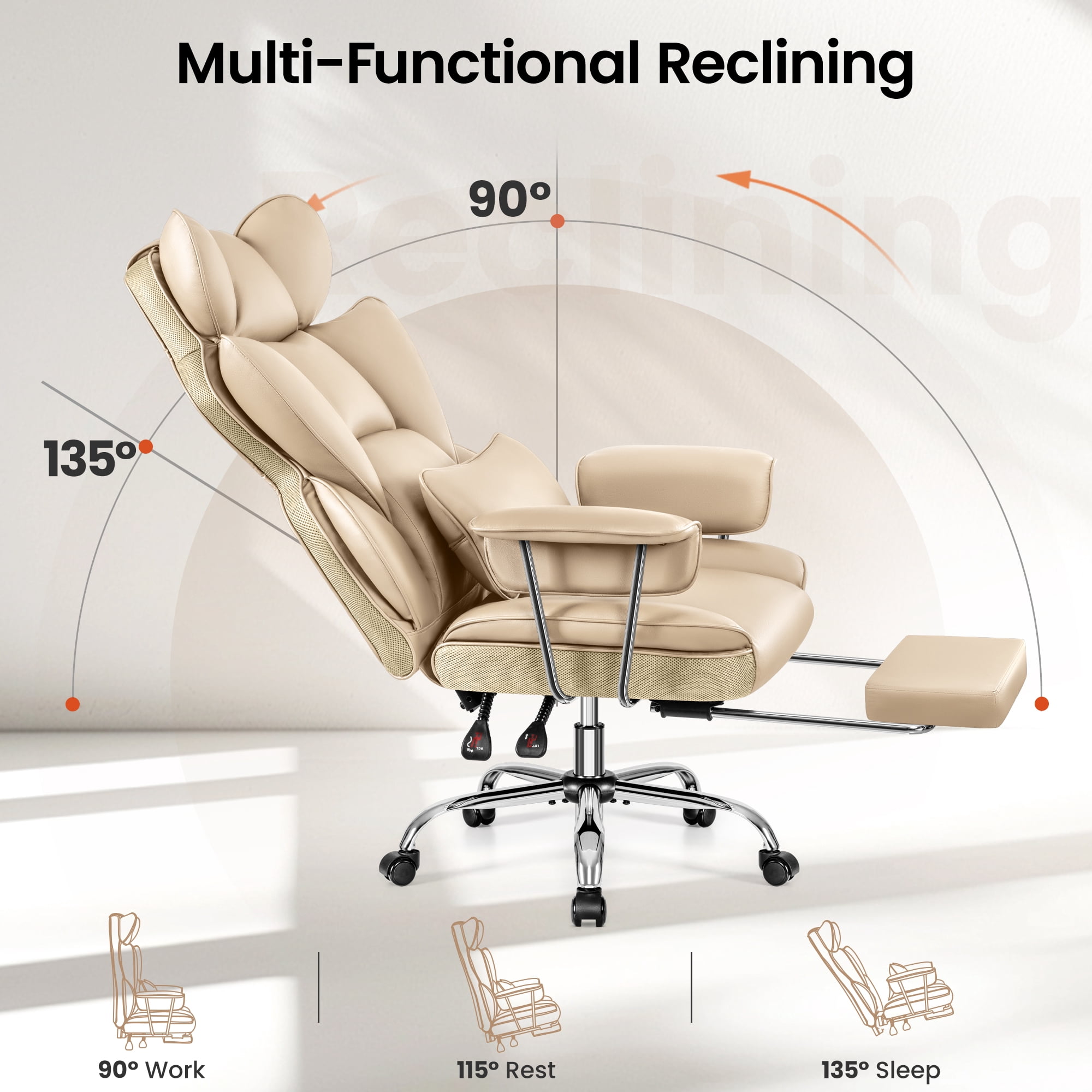 Primy High Back Office Chair, Big and Tall PU Leather Executive Chair with Footrest – Ergonomic Reclining Computer Desk Chair, High-Density Foam, Heavy Duty Swivel Rolling Chair, Khaki