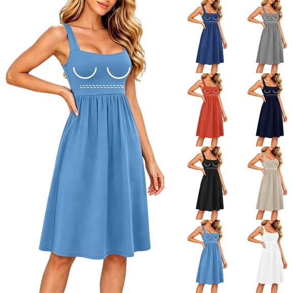 Tqcoqu Womens Summer Dresses with Built in Bra,2026 Square Neck Beach Dress with Pockets,Casual Flare Sun Dresses,Black Women's S-XXXL