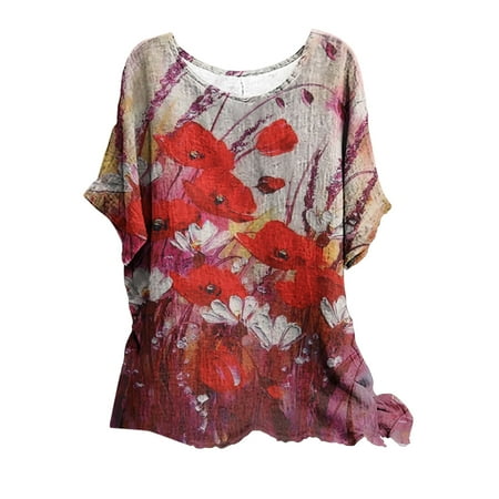 

Long Sleeve Shirts for Women Womens Long Sleeve Tops Women Loose Fit Leisure Short Sleeve Crewneck Print Leisure Blouse T-shirt Tunic Tops Workout Tops Workout Tank Tops for Women Red 2XL