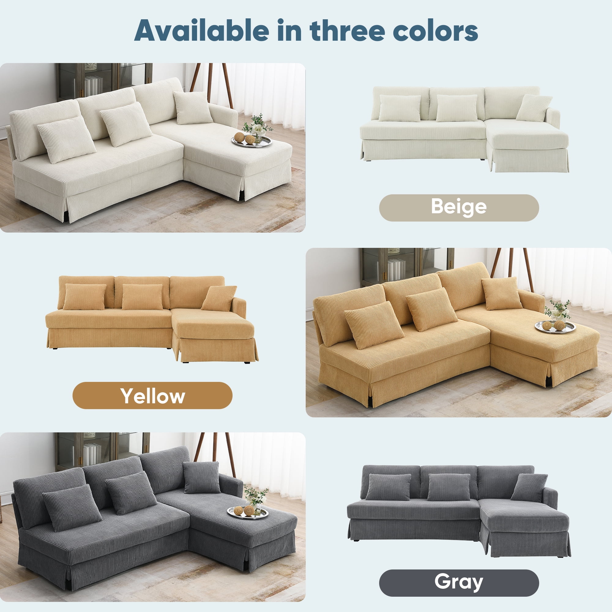 EUROCO 1300LBS 87" Modern L-shaped Sectional Sofa Couch, 4 Seat Corduroy Couch with Reversible Chaise and Pillows, Upholstered Convertible Sleeper Couch for Living Room, Apartment, Office, Gray