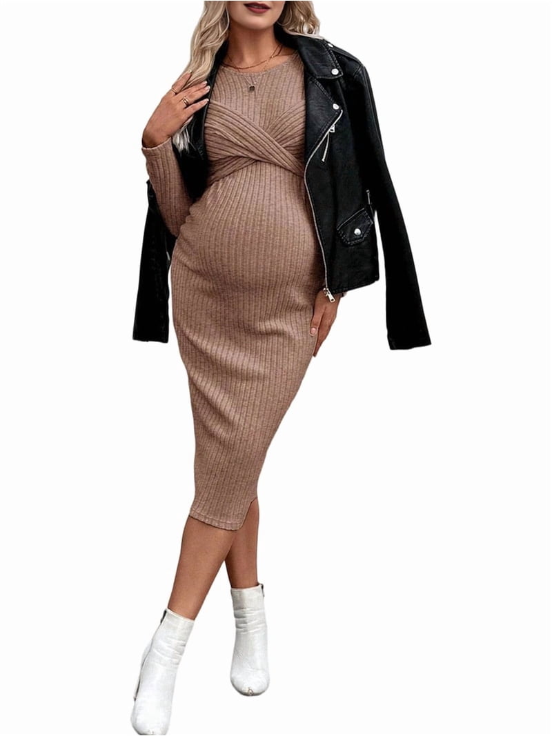 Long Sleeve Maternity Sweater Dress for Fall Winter, Knit Ribbed Maternity  Bodycon Dress Brown XL - Walmart.com