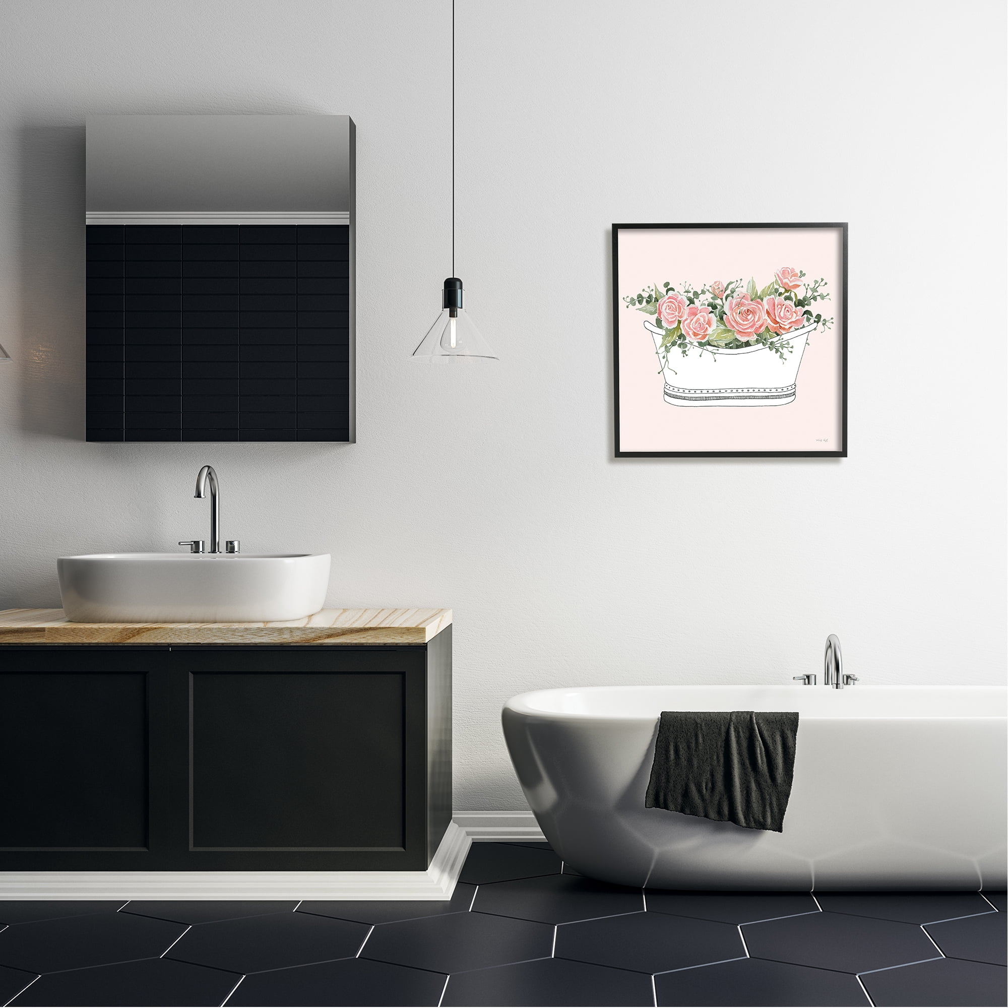 Stupell Industries Pink Rose Blossoms Casual Bathroom Bathtub Planter Graphic Art Black Framed Art Print Wall Art, Design by Cindy Jacobs