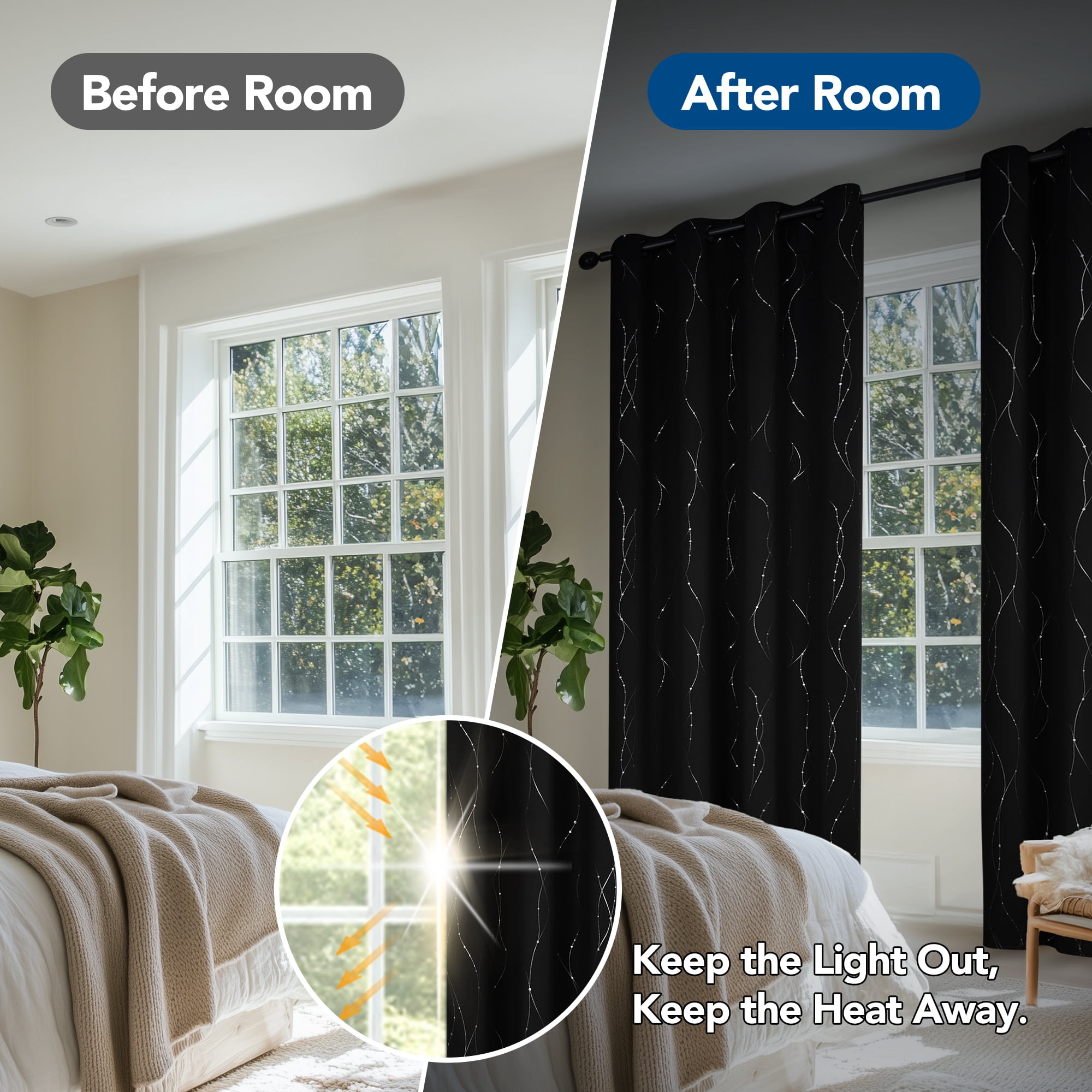 Deconovo Silver Printed Blackout Curtains - 2 Panels, Wave Dots Pattern, Grommet Top, 52"x84", Thermal Insulated Drapes for Bedroom & Living Room, Black