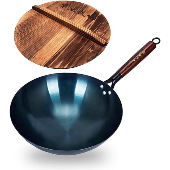 TKRADISH 14 Inch Hand Hammered Carbon Steel Wok, Round Bottom Traditional Chinese Wok with Wooden Handle & Lid, Uncoated Non-Stick Wok for Home Cooking, Camping & Gift