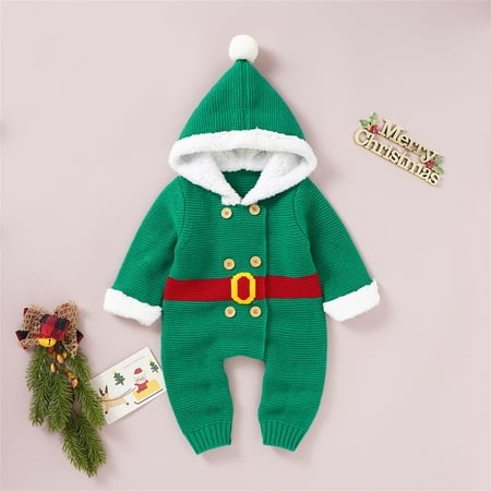 

FZM Christmas Boy Girl Christmas Knitted Sweater Baby Winter Warm Hooded Jumpsuit Romper Cotton 1 Piece Xmas Outfits Clothes