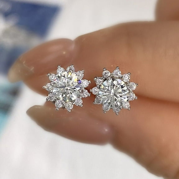 2.10Ct Round Cut Lab Created Diamond Halo Women's Flower Stud Earrings 14K White Gold Plated