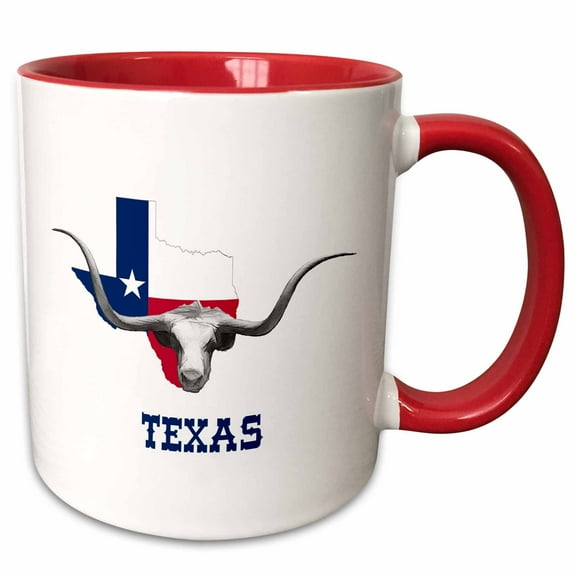 3drose, Texas Map, Flag and a Head of a Longhorn Bull. Nice Gift for You, 11oz Two-tone Red Mug