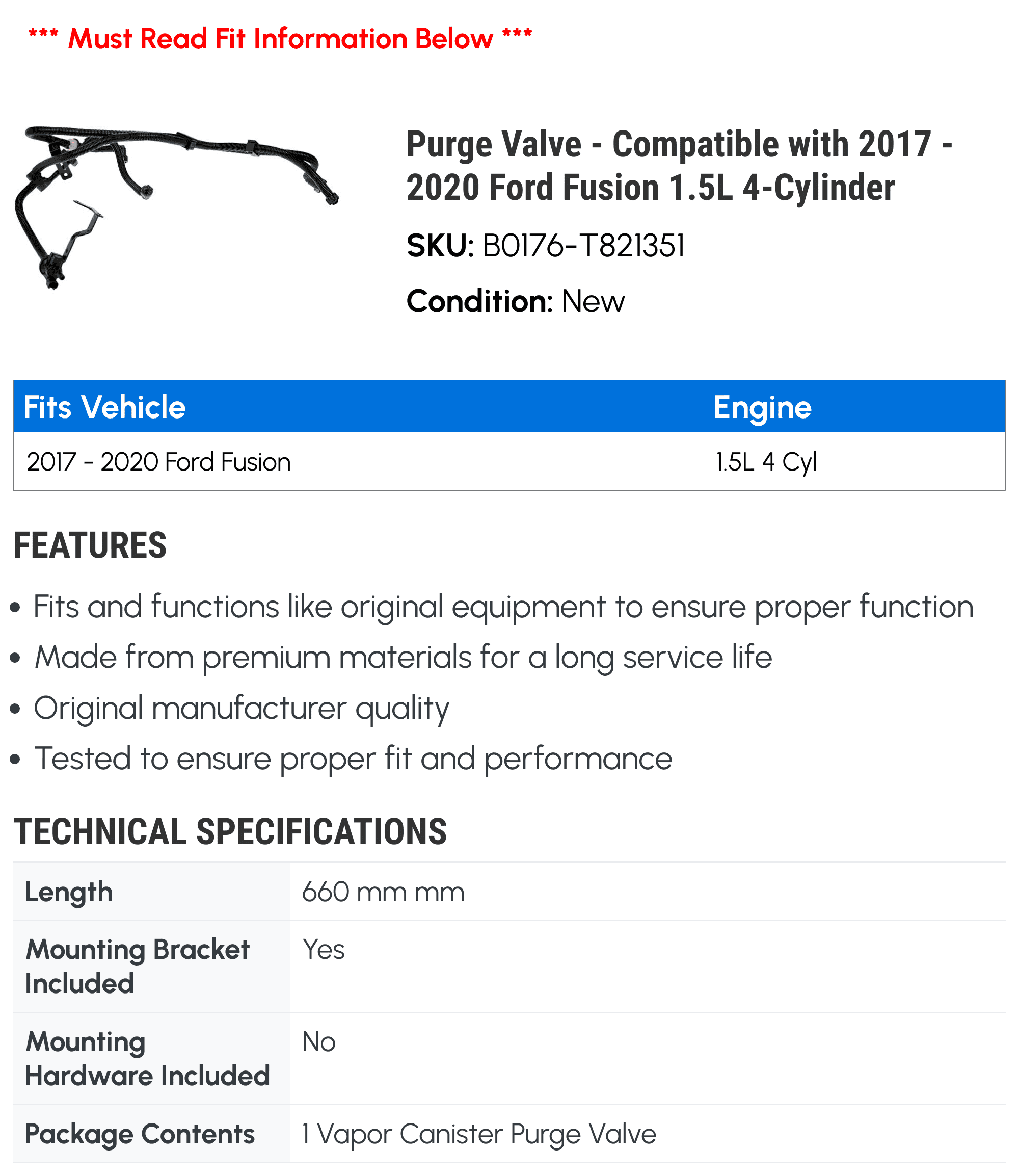 Purge Valve - Compatible with 2017 - 2020 Ford Fusion 1.5L 4-Cylinder - Dorman