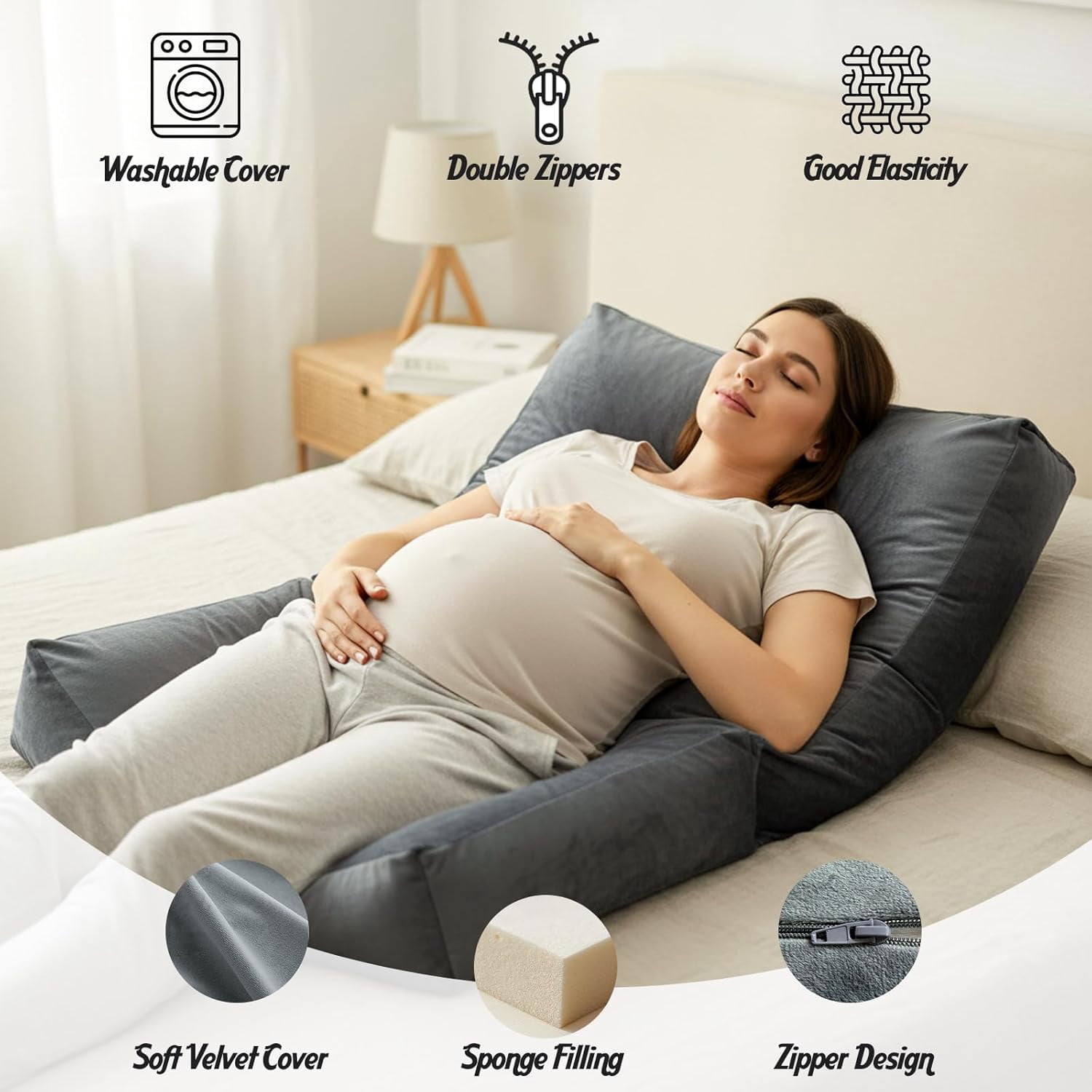 Pregnancy Pillows for Sleeping, 45.3 Inch Pregnancy Massage Pillow Full Body Pillow with Removable Cover & Leg Pillow, Support for Back, Legs, Belly, HIPS for Pregnant Women (Grey)