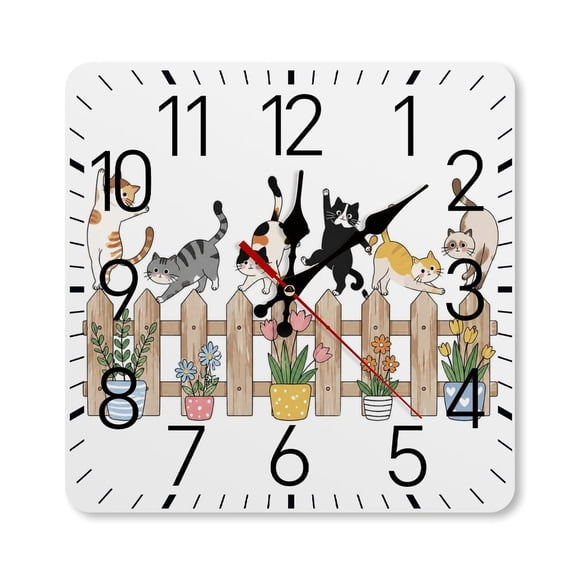 RKSupls 10×10inch Square Silent Wall Clock Wooden Frame, Cats Fence Flowers Garden Scale Decorative Clock for Home Bedroom Living Room Office