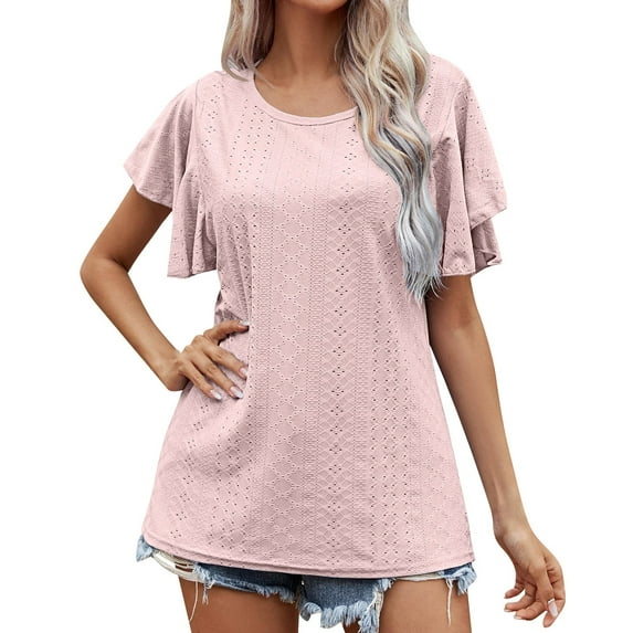 Vedolay Women Shirts Casual Fashion Womens Tops V Neck Puff Sleeve Summer Fashion Casual Loose Fit T Shirts,Pink S