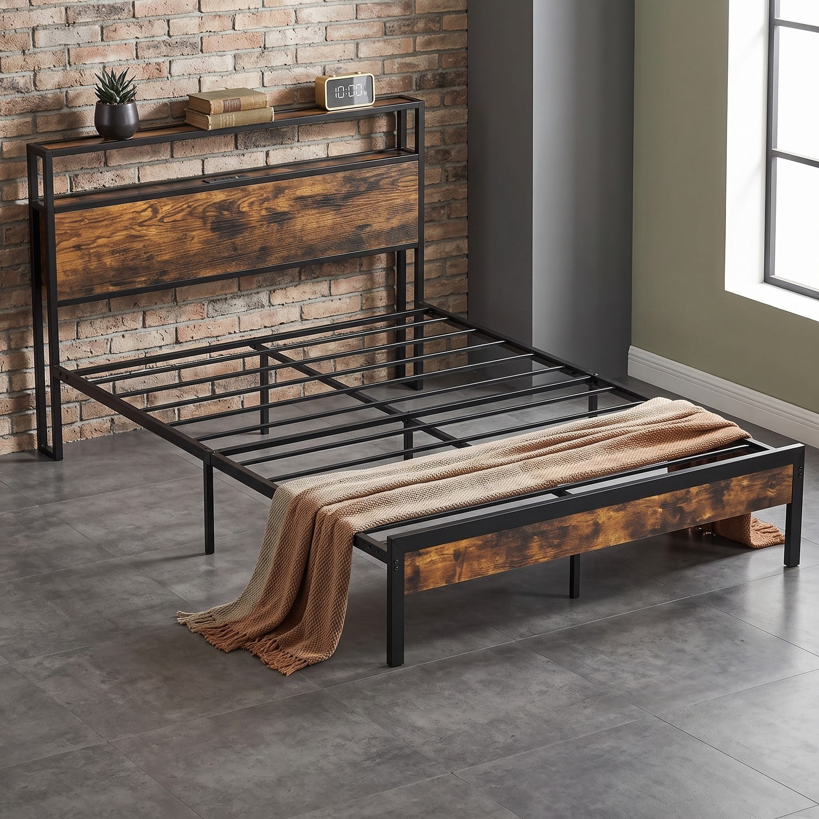 Furnibear Queen Bed Frame with Storage Headboard, Charging Station and USB Ports, Metal Platform Bed, No Box Spring Needed, Rustic Brown and Black