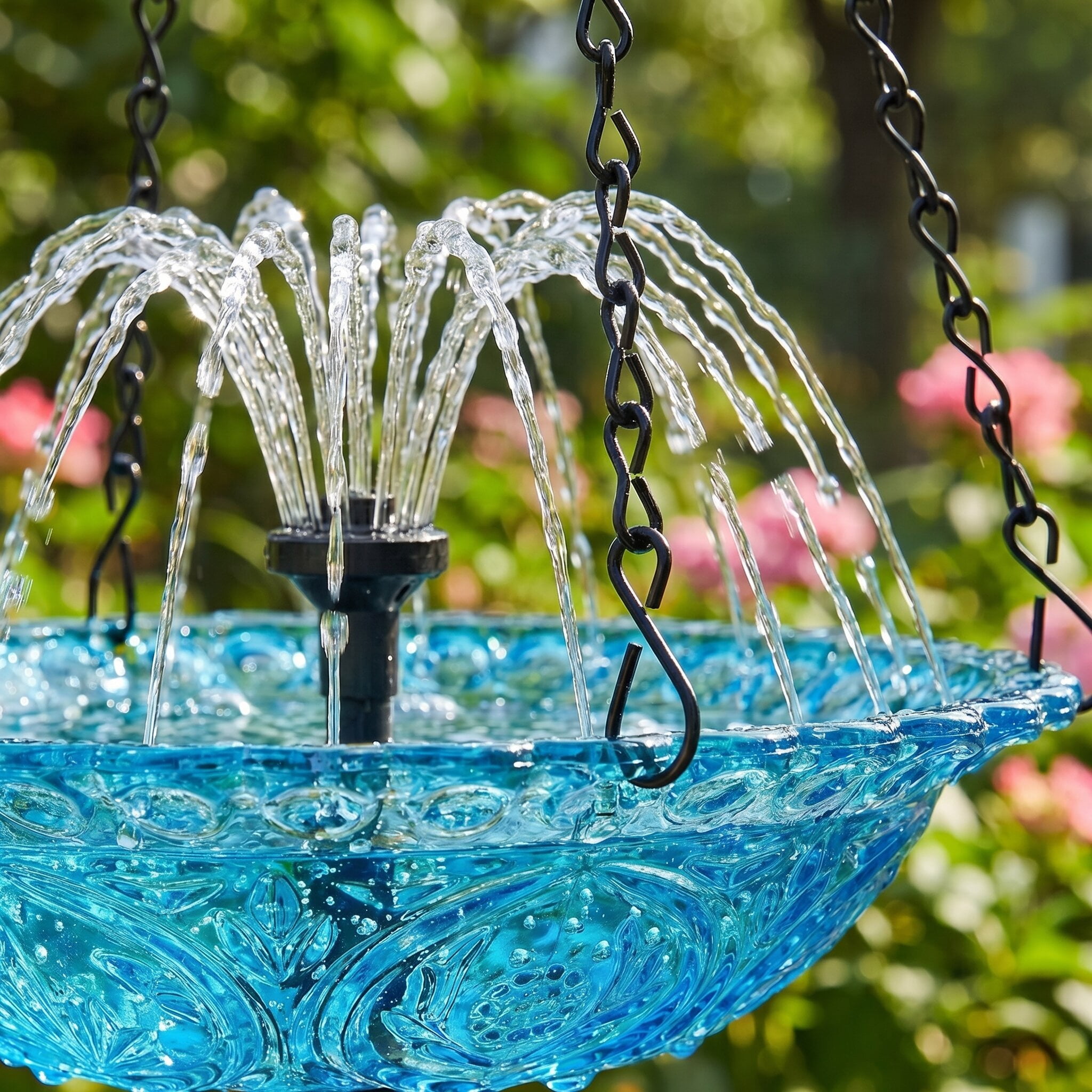 Fuebueo Solar Powered Hanging Bird Bath with Floating Fountain, Durable Birdbath for Outdoor Garden Decor, Hummingbird Bath with Solar Water Pump, Blue