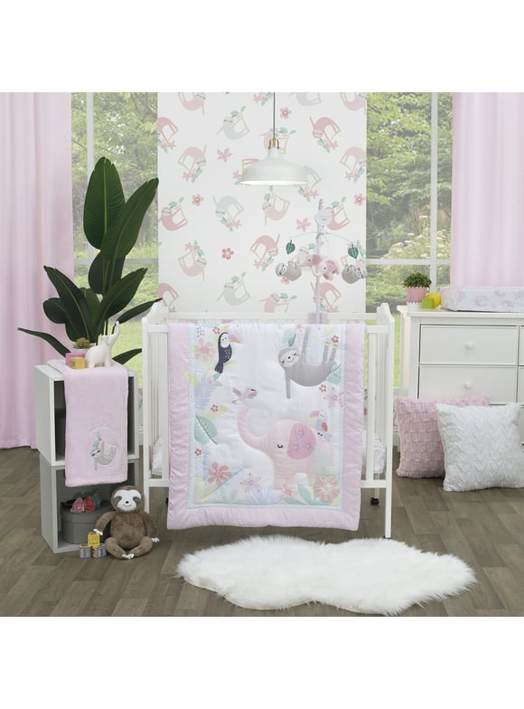 Little Love by NoJo Tropical Garden 3-Pc Mini Crib Bedding Set, Pink Jungle Animals