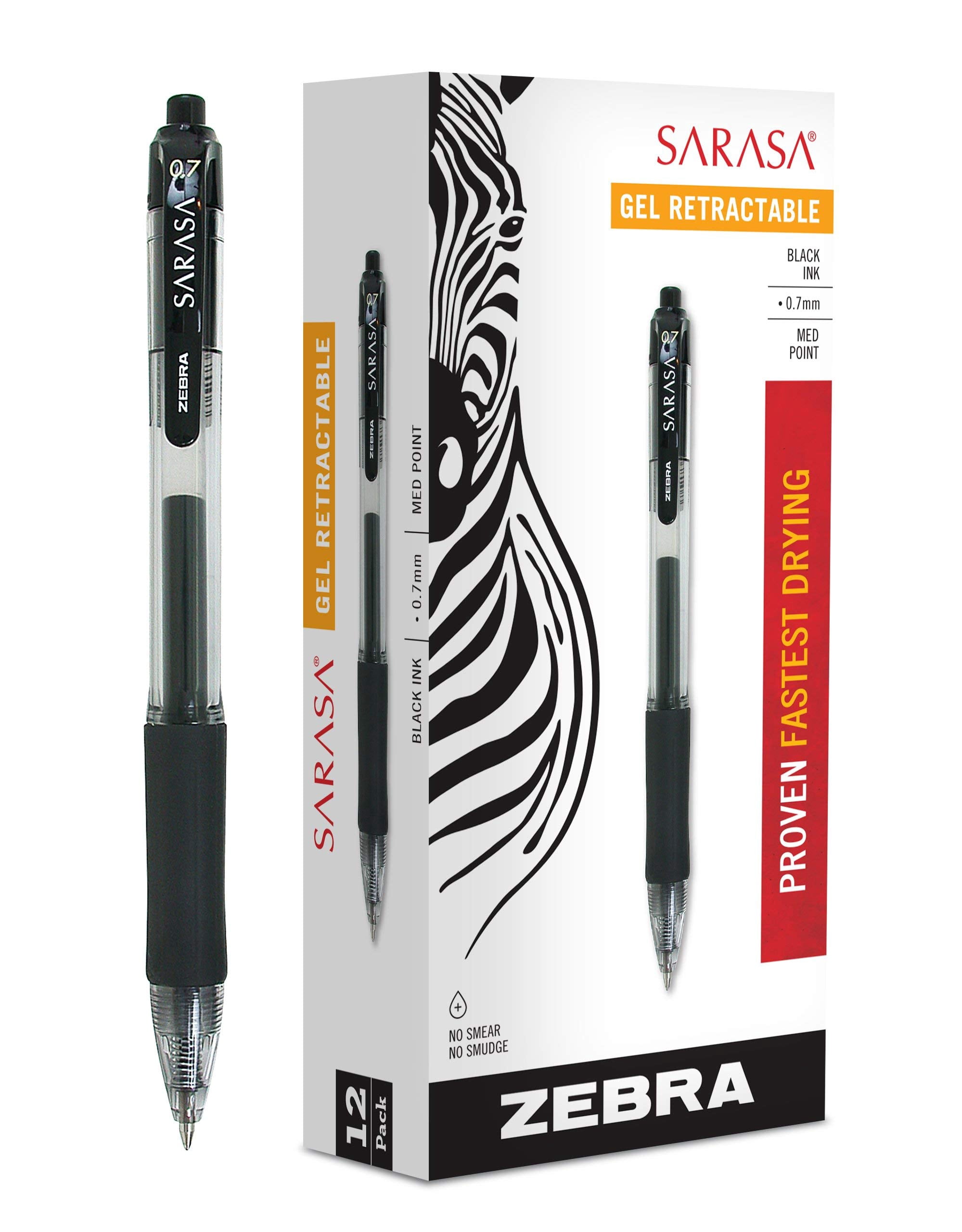 Zebra Sarasa Retractable Gel Ink Pens, Medium Point 0.7mm, Black, Rapid Dry Ink, 12-Count (Renewed)