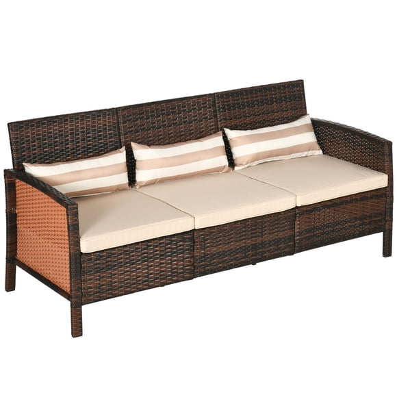 3-Seater Brown PE Rattan Outdoor Sofa with Cushions - Patio Garden Conversation Furniture, 68" W x 26.8" D - Comfortable Seating for Living Room & Backyard