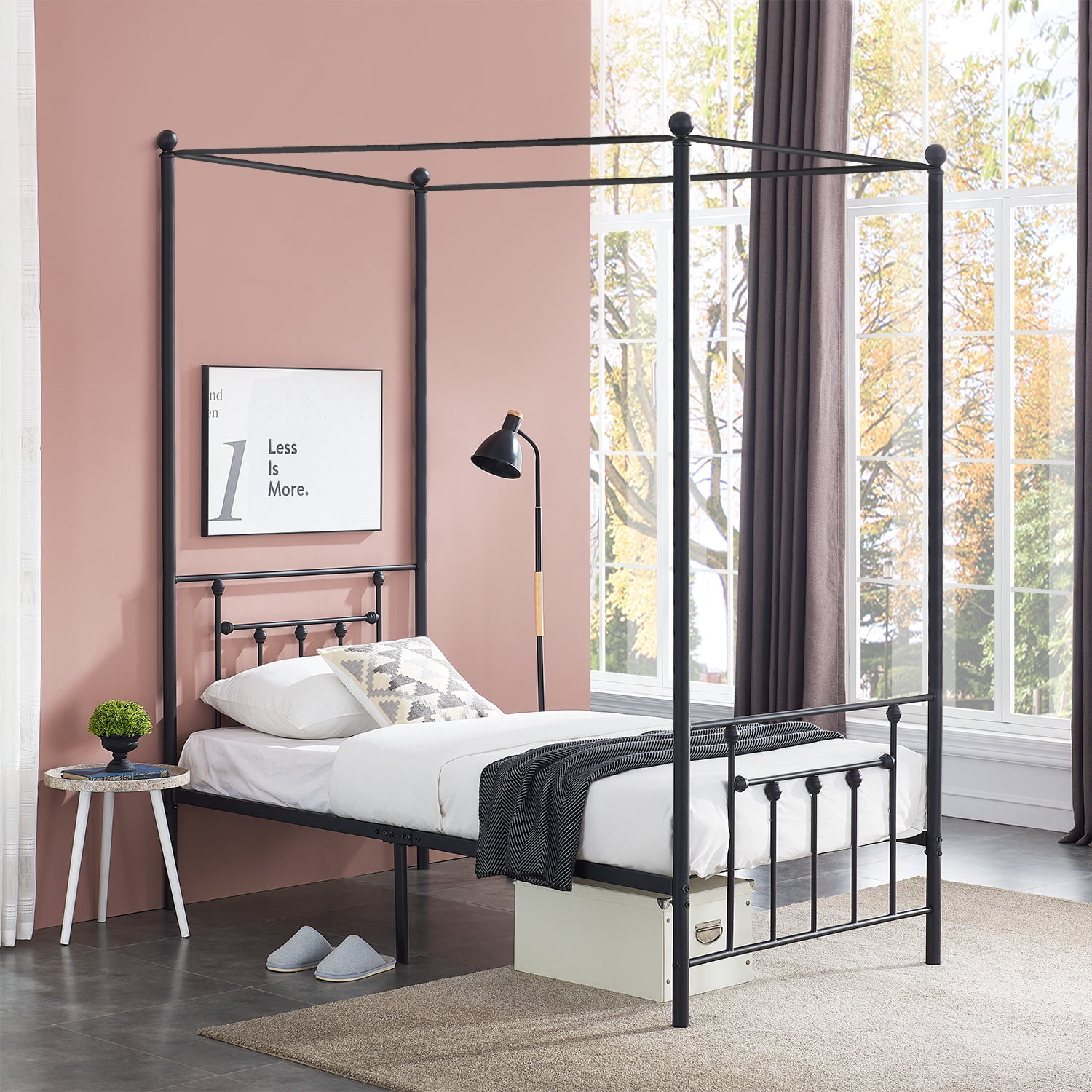 VECELO 4Post Canopy Metal Bed with Headboard and Footboard, Under Bed