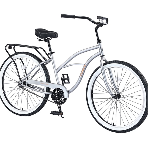 JERFIT Men's 26" Steel Beach Cruiser Bike, Single Speed with Coaster Brake, 17 inch Frame, Silver Grey City Commuter Bicycle