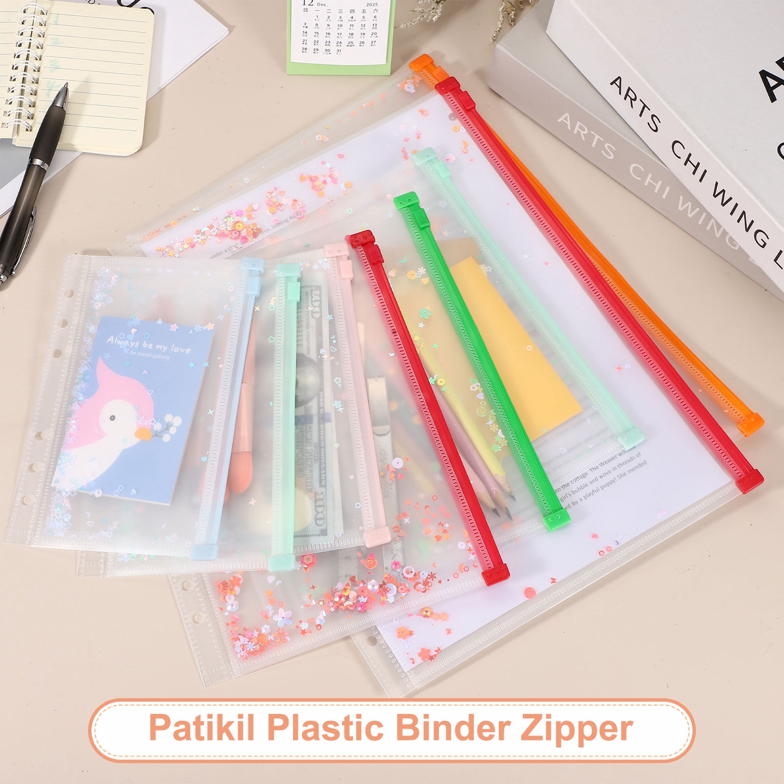 Uxcell 6Pcs A4 Plastic Binder Zipper, Binder Pockets 12 x 9" Clear Envelope Folders Planner Waterproof Pouch Filing with Sequin Decor for Document Notebook Card Organizer, Light Green
