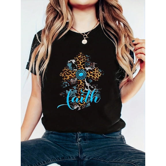 Western Boho Christian Turquoise Leopard Faith Cross Jesus T-Shirt- Women's Clothing Printed Graphic Tee For T-Shirt Lovers For All Seasons