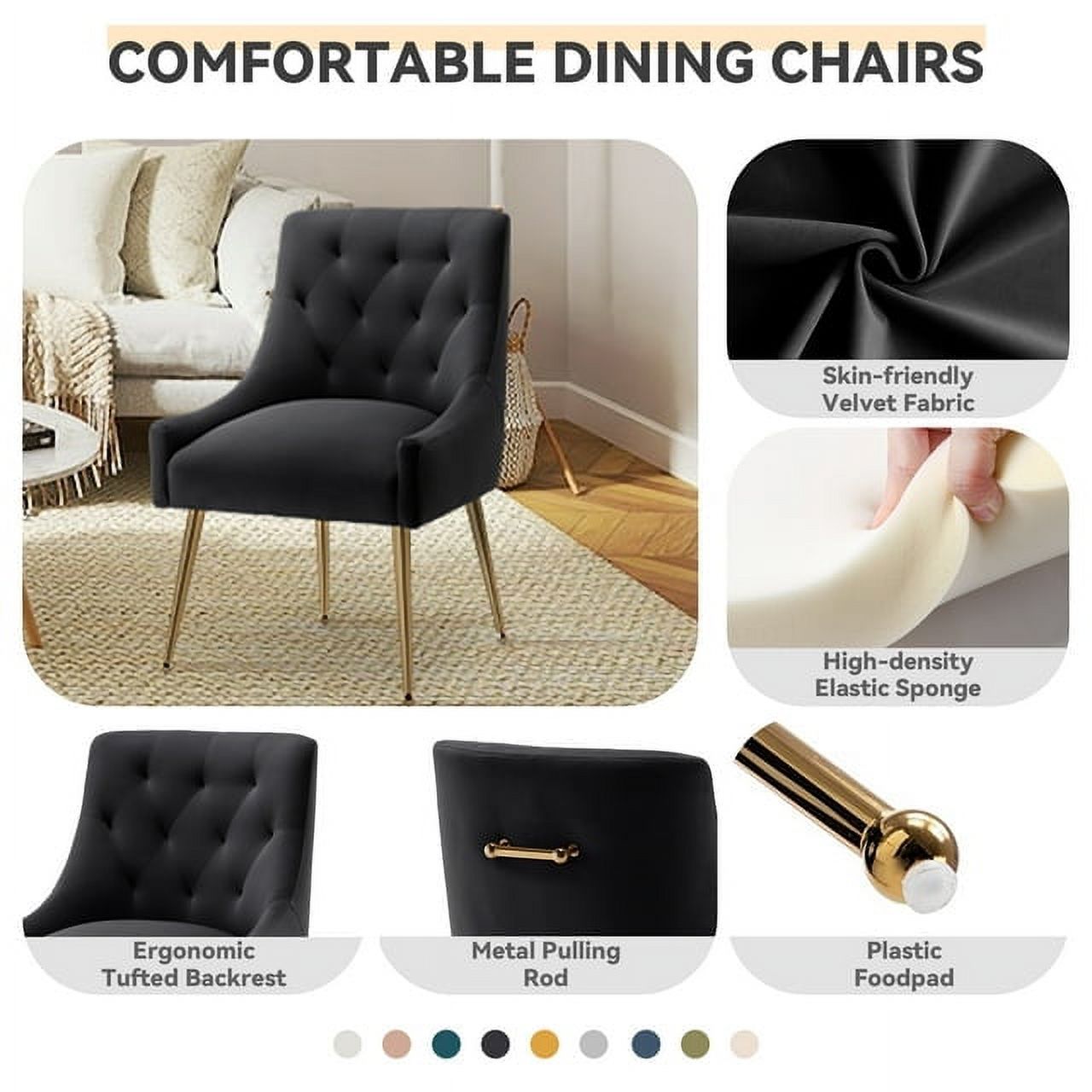 SEYNAR Modern Velvet Dining Chairs Set of 2, Tufted Back Accent Chair for Living Room,Black