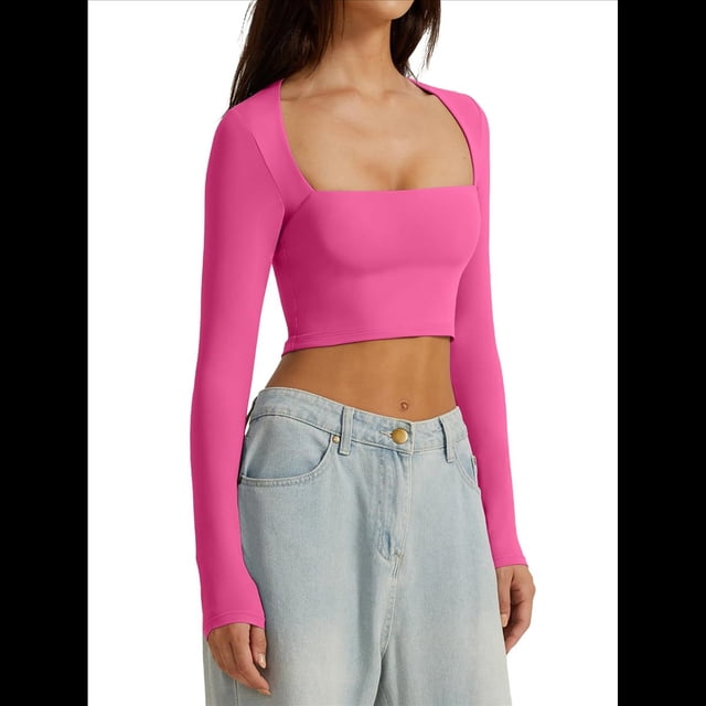 Top Corto Básico Informal Ajustado con Doble Forro, Cuello Cuadrado y Larga para Mujer Rosa Roja XL