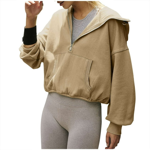 Timegard Chandail en Molleton Demi-Fermeture à Glissière pour Femmes Chandails à Capuchon Court Chandail d'Automne Décontracté Ample avec Poches