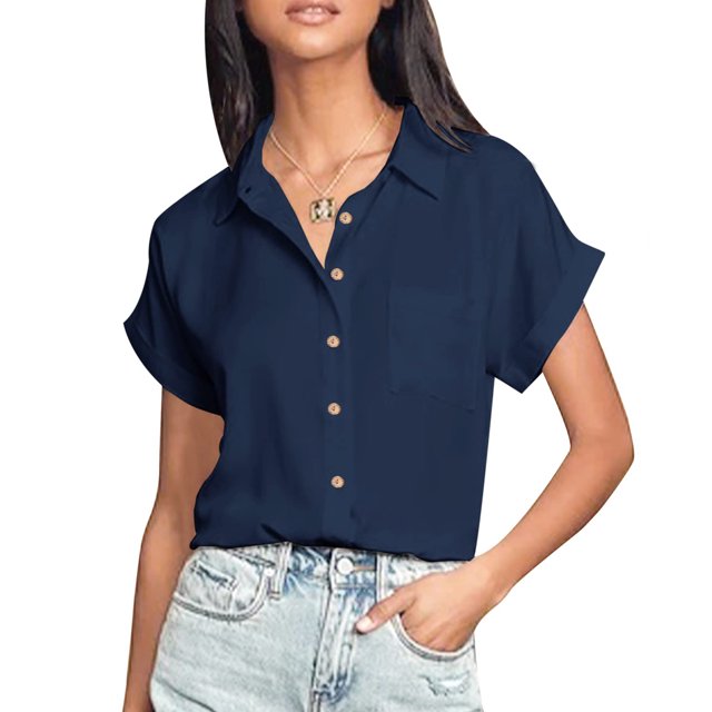 Blusa con botones para mujer, moda, cuello en V, informal, suelta, manga corta, top de verano para mujer, azul oscuro XXL
