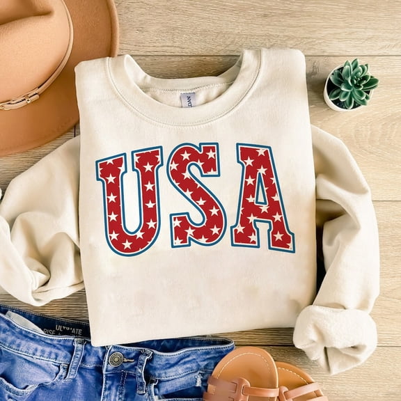 USA Varsity Retro Sweatshirt, Vintage America 4th of July Crewneck, Patriotic Independence Day College Style Pullover BTO