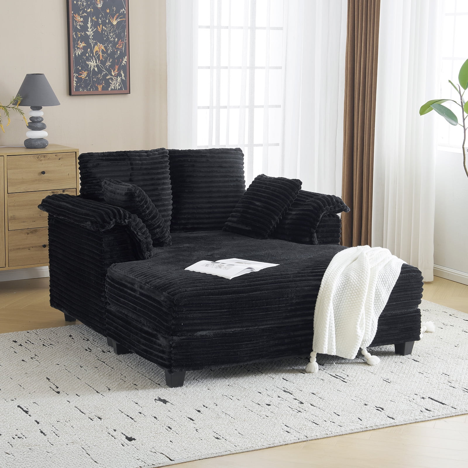 Ktaxon Corduroy Sofa Bed, Upholstered Comfy Sleeper with Pillow Arms, Lounge Chair with Lumbar Support Pillows, Ideal for Small Spaces Black