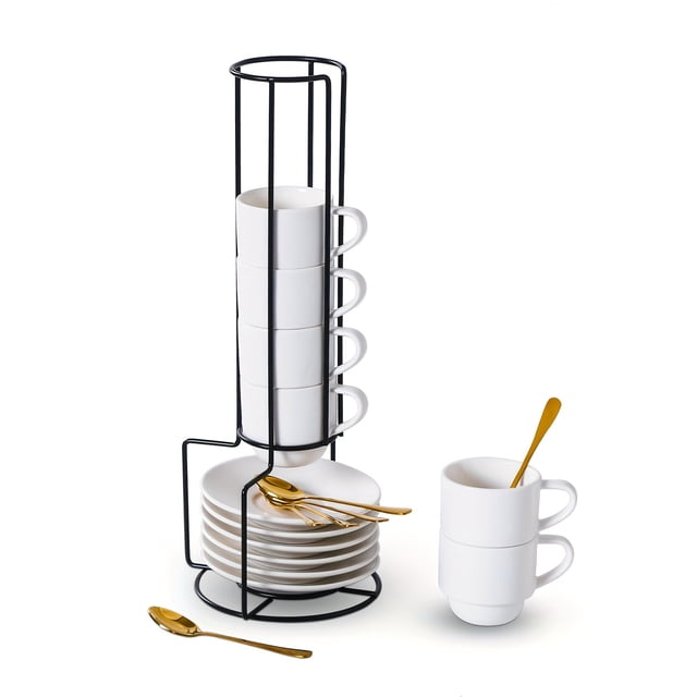 4-ounce espresso cup with saucer, spoon and metal holder, 6-piece small stackable coffee cup set, Nespresso ceramic Demitasse cup, black