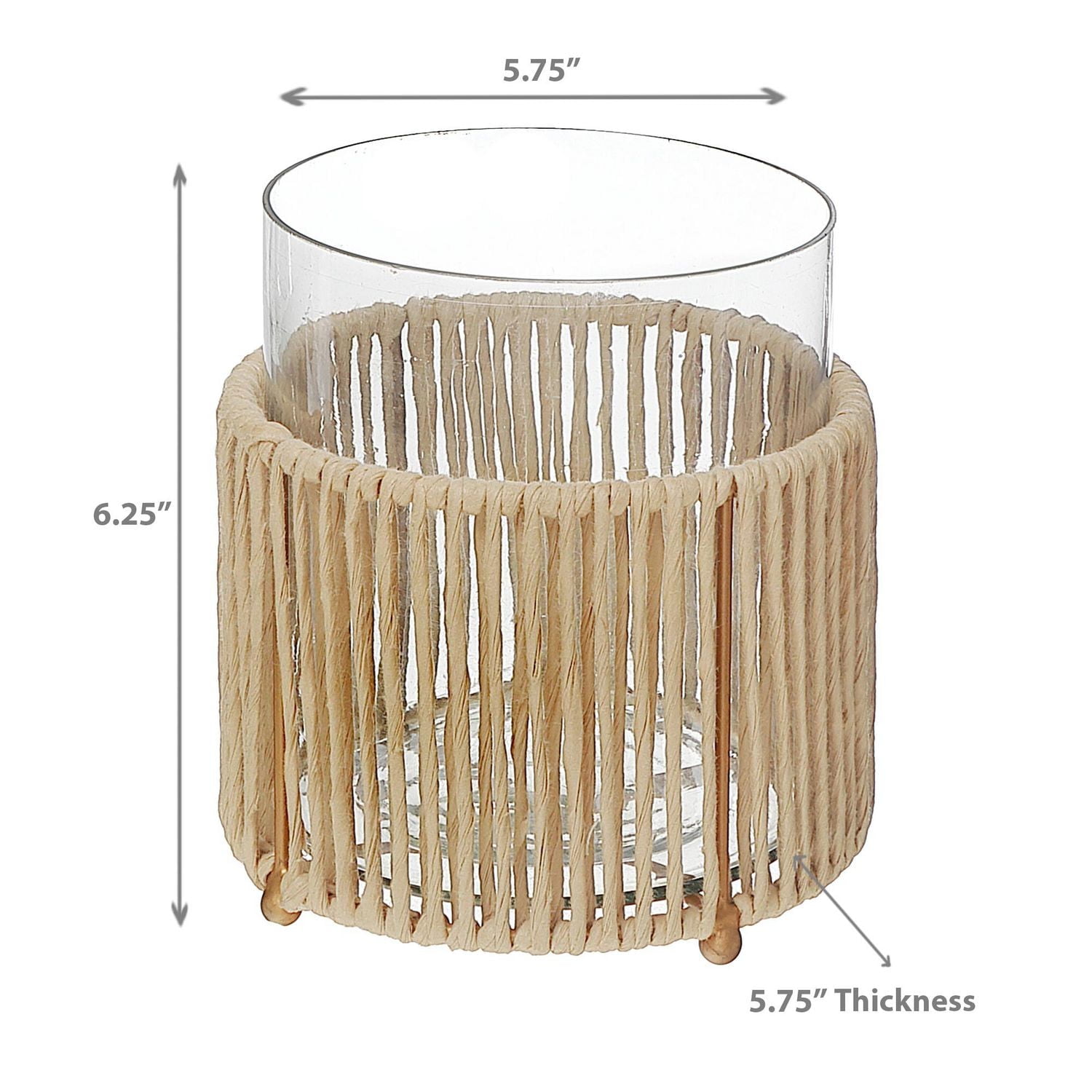 Glass Candle Holder Hurrican With Metal & Raffia Base 6.25"